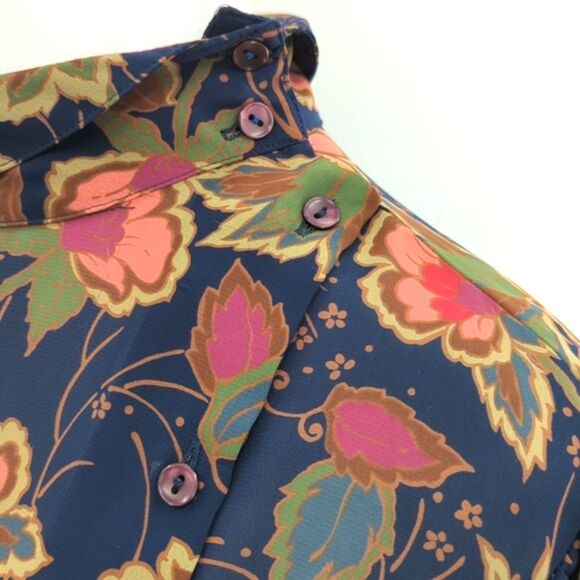 Poet by Nicola Vintage Navy Floral Side Button Up Collared Blouse Size Large - Picture 2 of 8